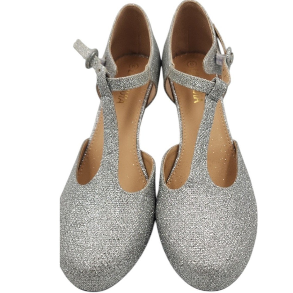 LIURUUIA Womens Silver Glitter T-Strap Kitten Heels Round Toe Pumps Size 6